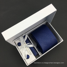 Сплошной темно-шелковые Жаккардовые тканая галстук Запонки Ханки комплект с подарочной коробке